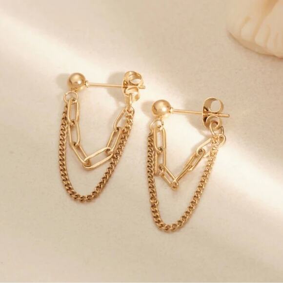 NEW 18K yellow gold plated double chain dangle drop earrings jewelry B25A - Picture 3 of 10